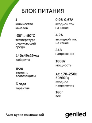 Блок питания Geniled GL-24V100WM20 slim в России